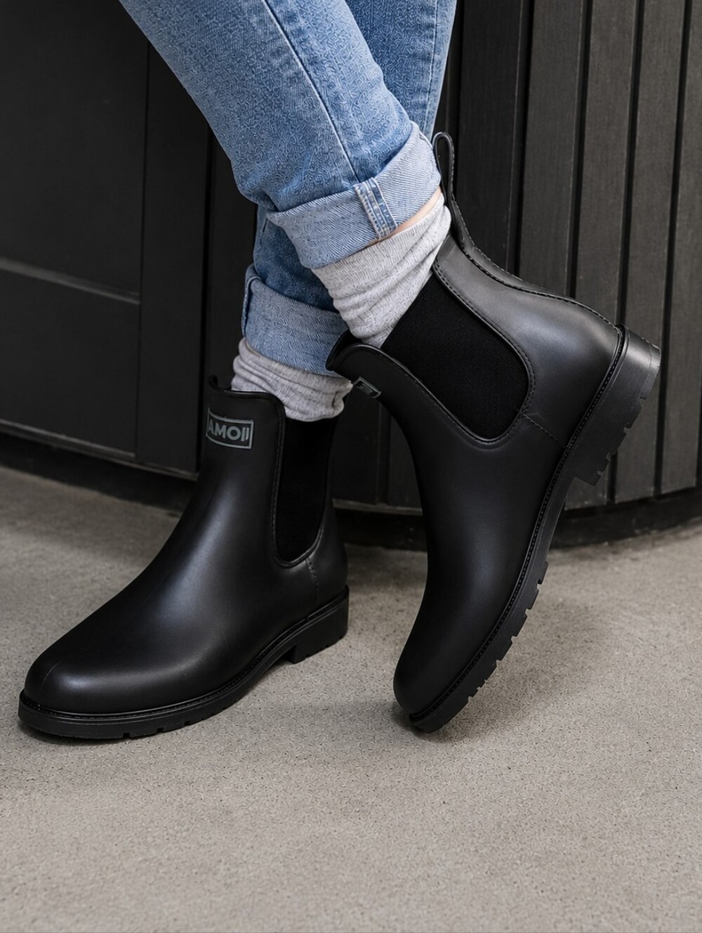 Amoji Black Rubber Chelsea Rain Boots Sz 25.0(8 US) Waterproof Slip-On Lug Sole